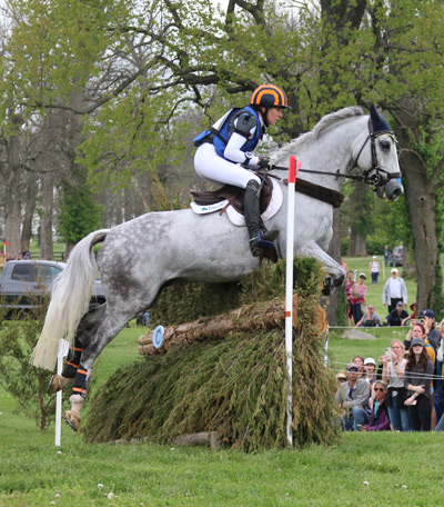 Liz Halliday-Sharp and Cooley Quicksilver on cross-country course at the Land Rover Kentucky Three-Day Event