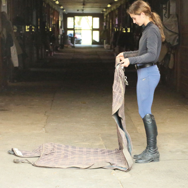 girl folding horse blanket