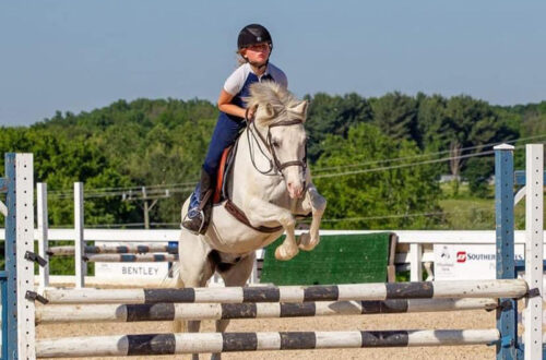 A girl jumping her horse towards the camera.