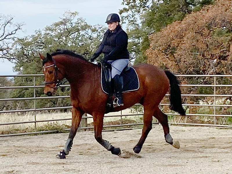 A woman riding her horse outside.