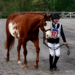 A young girl walking beside her horse.