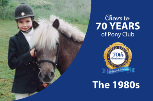 1980s girl and pony with logo and white text on blue background