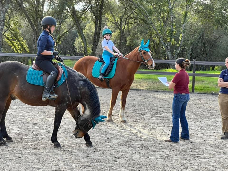 A young girl teaching other horseback riders