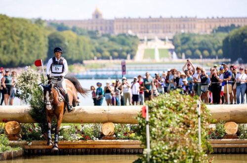 Boyd Martin on Fedarman B during the tough Eventing cross-country phase at the 2024 Olympic Games. Photo by Devyn Trethewey/U.S. Equestrian