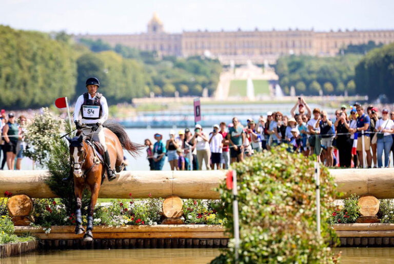 Boyd Martin on Fedarman B during the tough Eventing cross-country phase at the 2024 Olympic Games. Photo by Devyn Trethewey/U.S. Equestrian