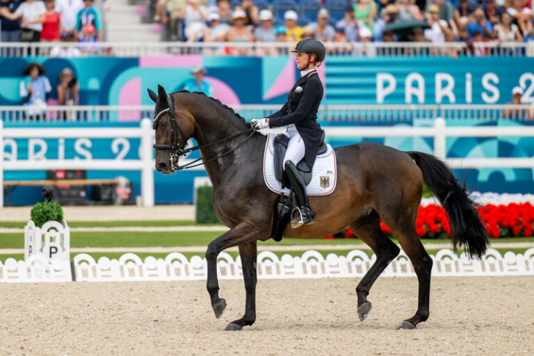 Jessica von Bredow-Werndl and Dalera scored an 82.065% in the Grand Prix team competition at the 2024 Olympic Games. Photo Courtesy International Equestrian Federation (FEI)