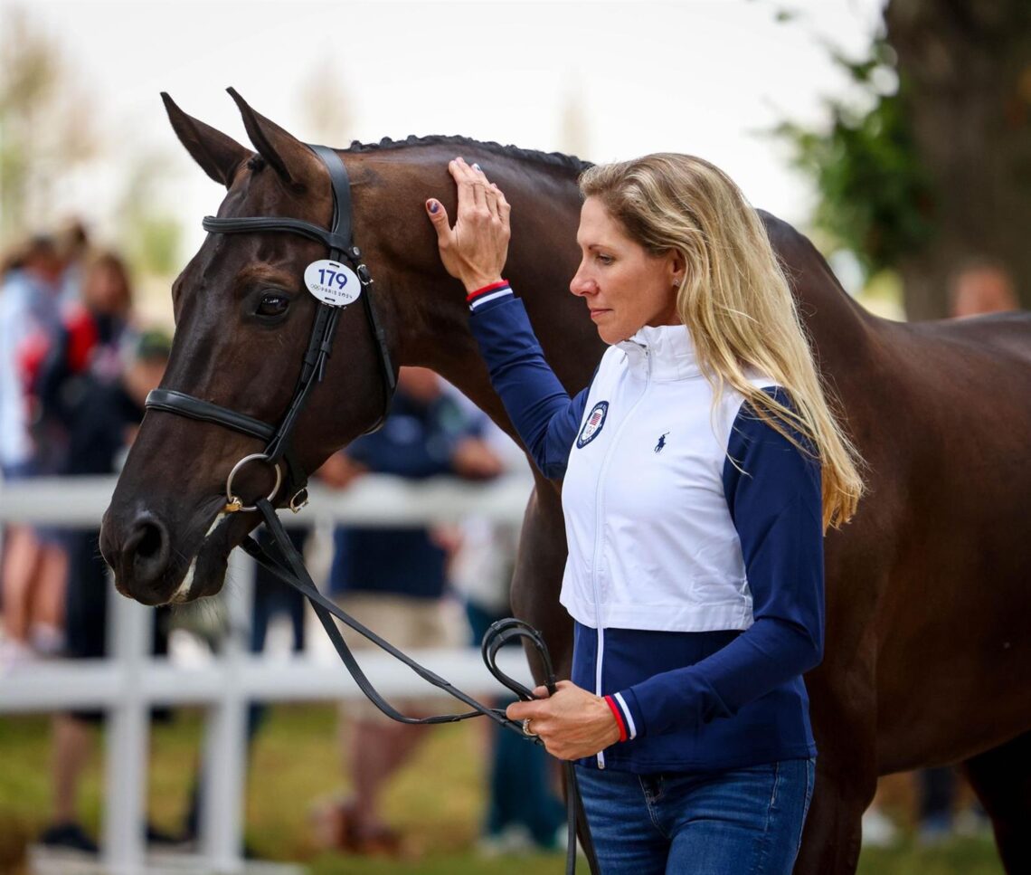 Liz Halliday and Nutcracker during the first horse inspection at the 2024 Olympic Games. Photo by Devyn Trethewey/U.S. Equestrian