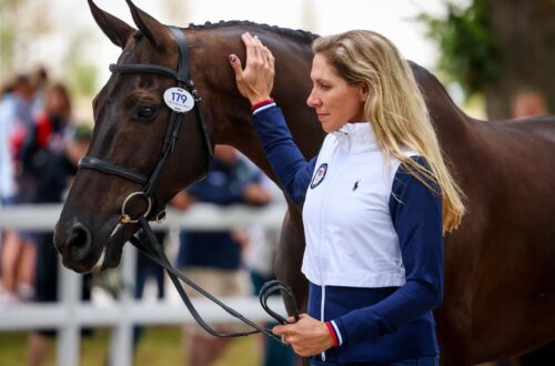 Liz Halliday and Nutcracker during the first horse inspection at the 2024 Olympic Games. Photo by Devyn Trethewey/U.S. Equestrian