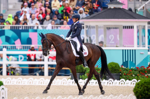 Liz Halliday and Nutcracker in the Eventing dressage phase at the 2024 Olympic Games.