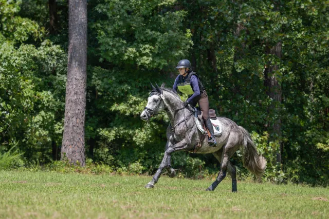 A woman riding her horse cross-country.