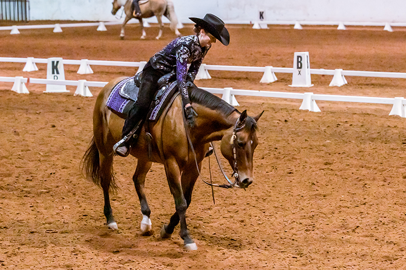 A woman riding her horse in a Western Dressage class.