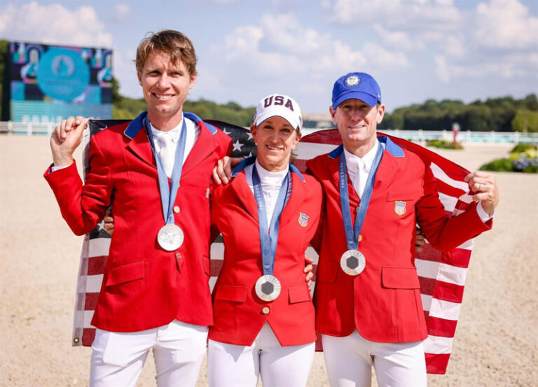 Karl Cook, Laura Kraut, and McLain Ward made up the U.S. Show Jumping Team at the 2024 Olympic Games, and they earned Team Silver.