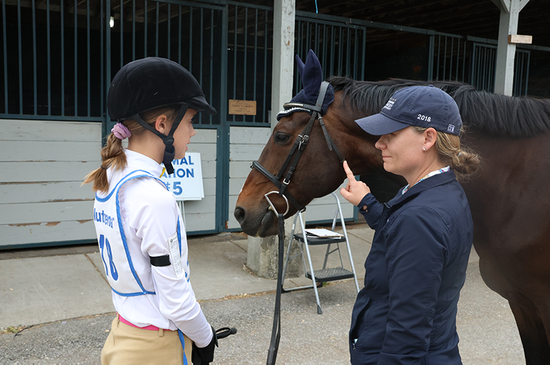 A CHMJ pointing out the throatlacth on a horse's bridle.