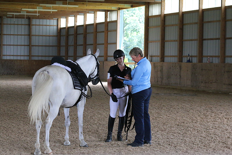 An examiner explaining something to a student who is holding their horse on the lunge line.