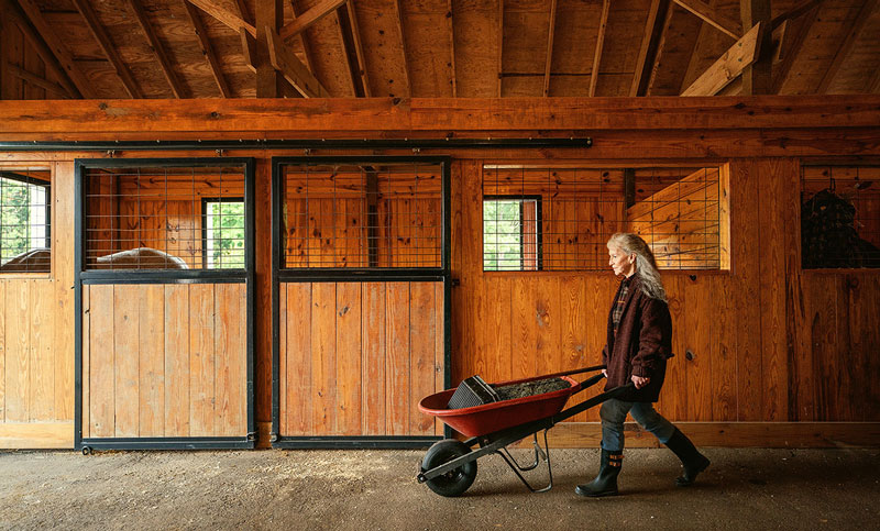 spring horse care with woman pushing wheelbarrow down barn aisle