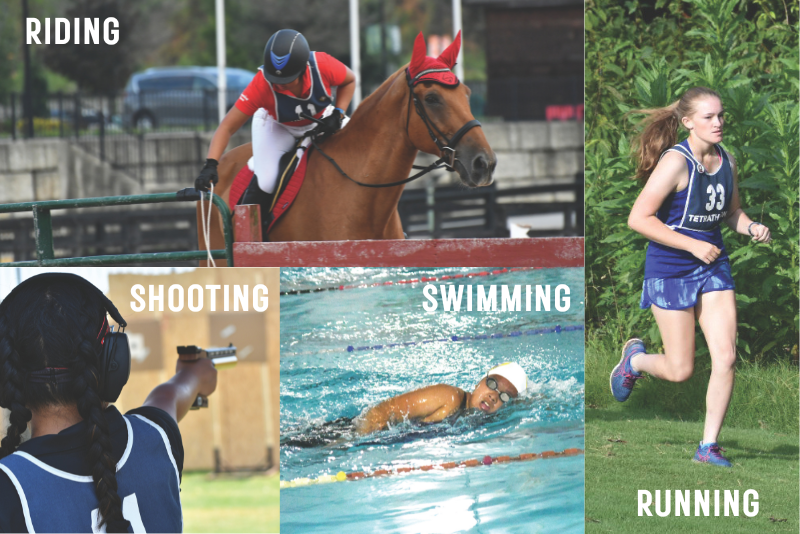 A collage of images of the four phases of Tetrathlon, riding, shooting, swimming, and running.
