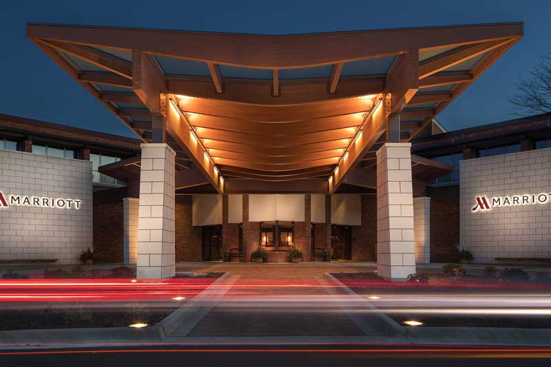 Outside entrance at night. Courtesy Lincolnshire Marriott Resort