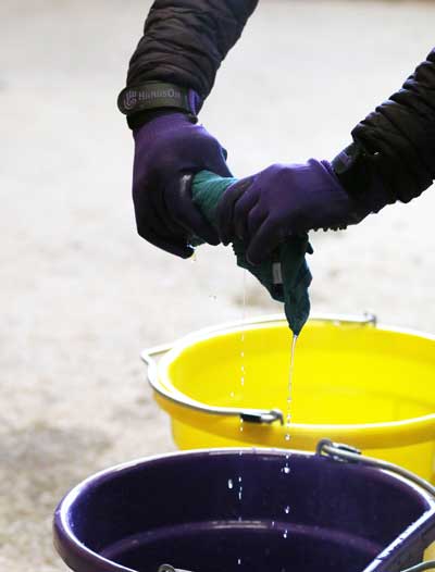 Wringing water out of a towel into a bucket