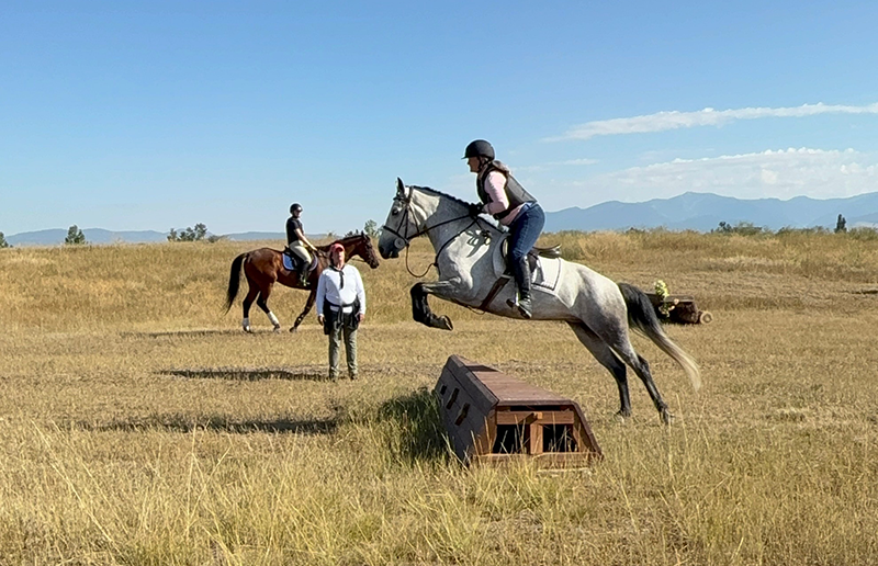 A woman riding a horse over a cross-country jump.