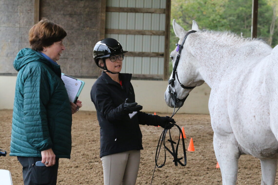 A young woman explaining to an older woman about her horse.